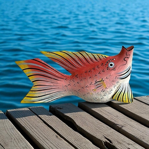 Colorful Hand-Carved Handpainted Wooden Fish Statue Figurine Nautical Home Decor - Picture 1 of 5
